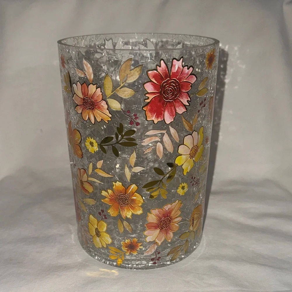 Floral Glass Candle Holder Fall Color Floral Accents NWOT